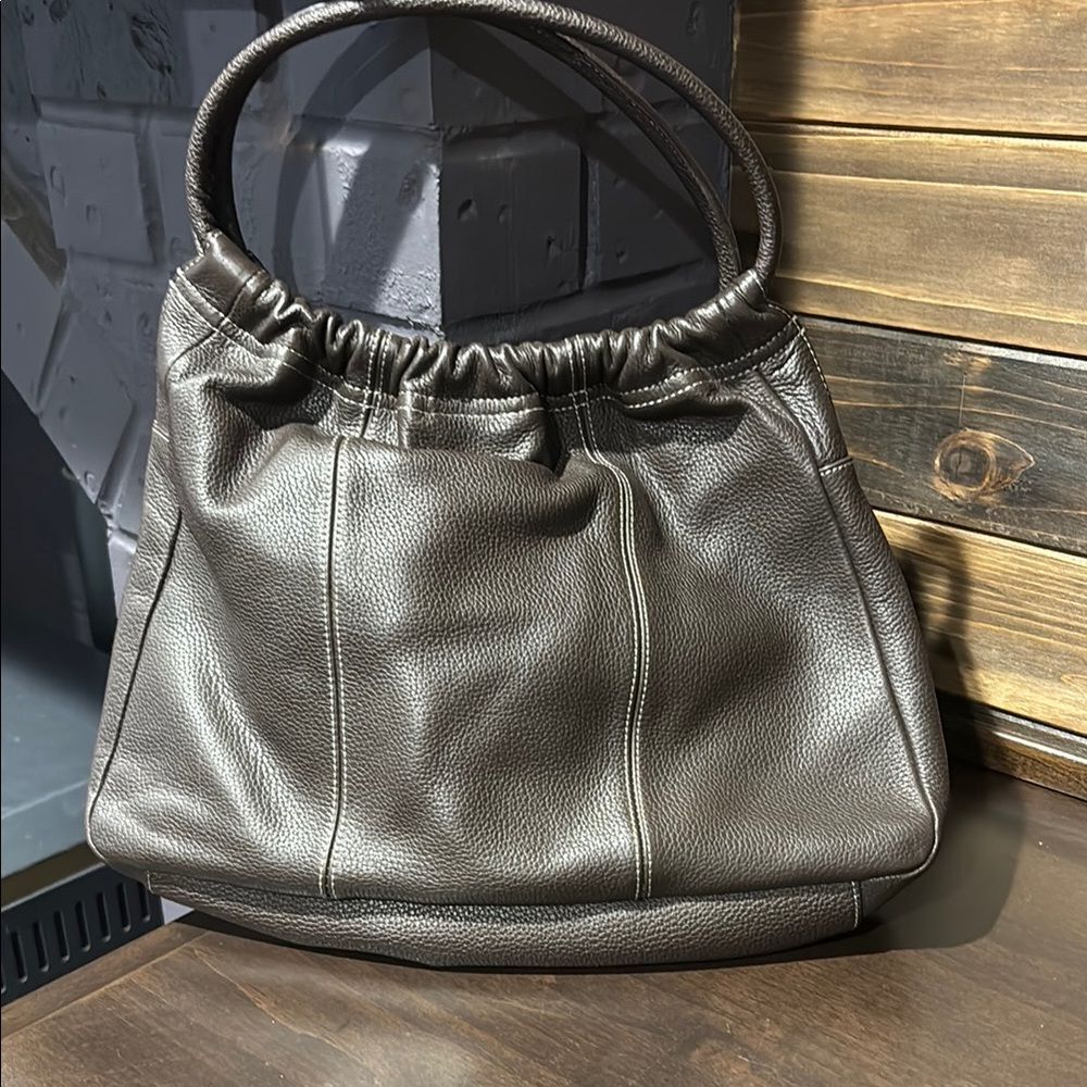 Loft Soft Brown Leather Shoulder Bag White Stitching Detail